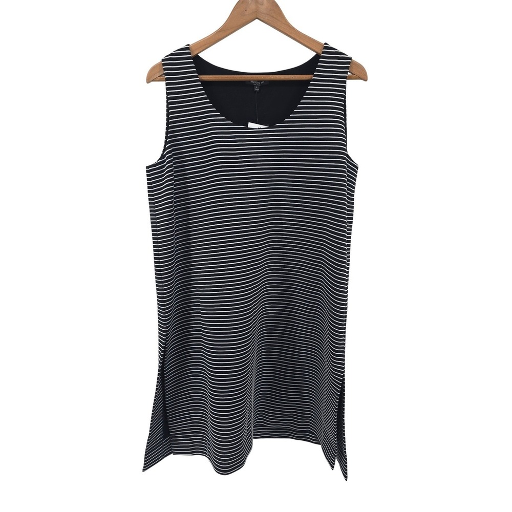 Lafayette 148 New York Tunic Top Womens L Black White Striped Sleeveless Ribbed